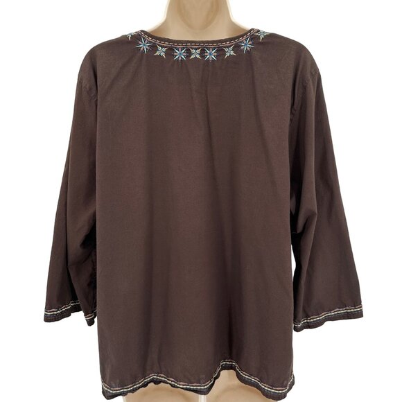 Talbots Womens Embroidered Brown 3/4 Sleeve V-Neck Stretch Top Size XL - Picture 4 of 9